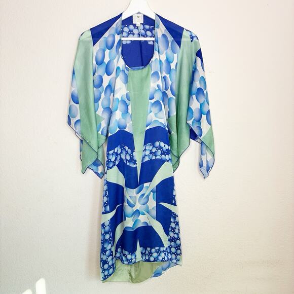 Anna Sui Silk Blue Handkerchief Geometric Kimono Sleeve Dress S - Picture 2 of 15